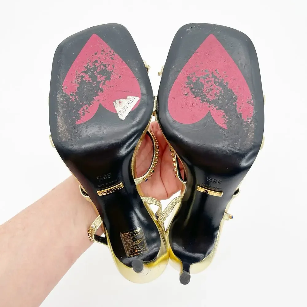 Gucci Carmen Crystal Embellished Gold Leather Bow High Heel Sandals EU 38.5 - Picture 9 of 13